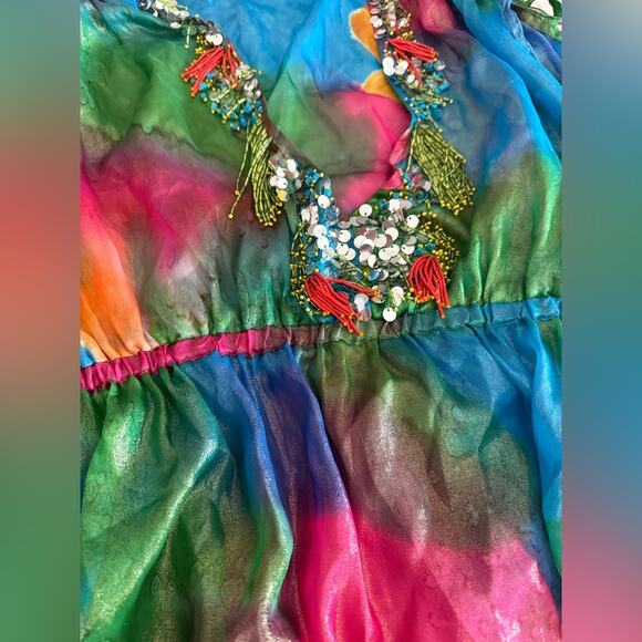 Michael Simon 100% Silk Multicolor Vibrant Shimmery Embellished Tunic Blouse- S - Picture 9 of 12